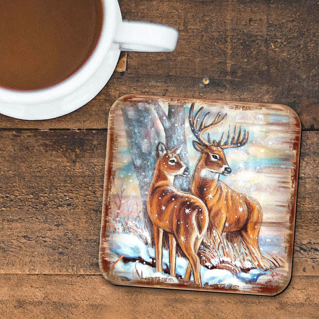 Deer's Wooden Cork Coasters Gift Set of 4 by Nature Wonders - Nature Wildlife Decor - 95212C-S4