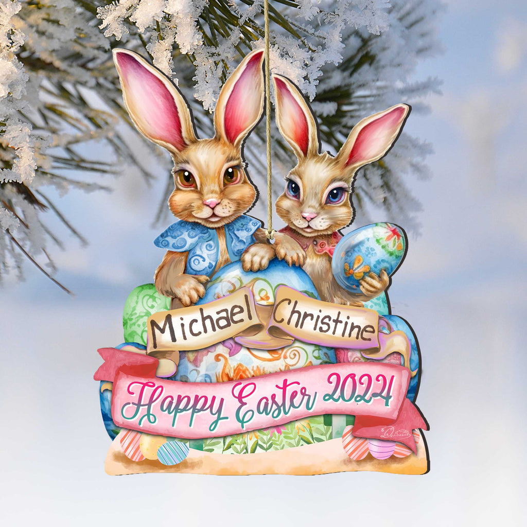 Personalized Easter Ornaments, Personalized Gift, Easter Basket Tag - Happy Easter Bunnies Wooden Ornaments by G. Debrekht Easter Spring Decor - 8652782P-24