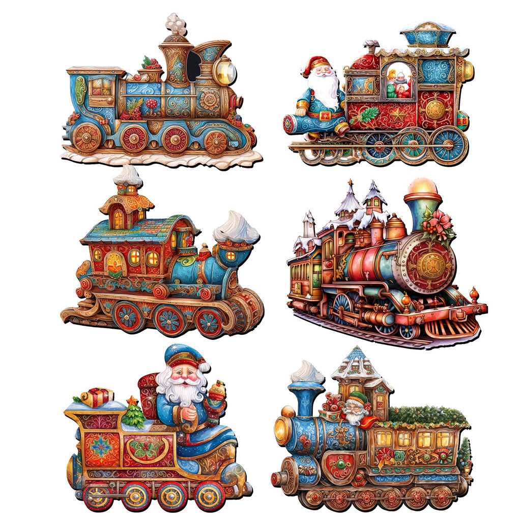 Santa Christmas Train Clip-On Eco Wood Decorative Ornaments Set of 6 by G. Debrekht - Christmas Decor - 8090123C-S6