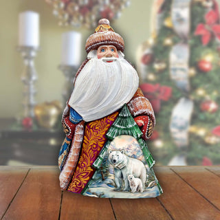 Polar Bear with Cub Santa Hand-Painted WOODCARVED Figurine by G. DeBrekht - Christmas Santa Snowman Decor - 8208016