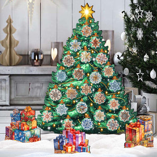 A large, colorful Christmas tree decorated with various ornaments and lights stands in the center of the image, surrounded by wrapped gifts and a snowy landscape.