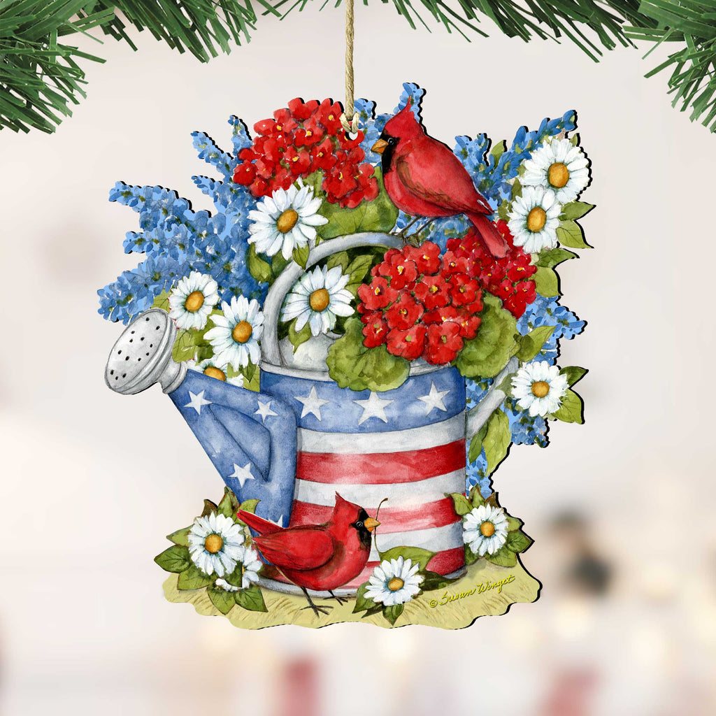 Patriotic Decoration American Watering Can - Flowerpot Ornament - Handmade Gift Rustic Adornment - Wooden Ornament by Susan Winget - 8471212-SW