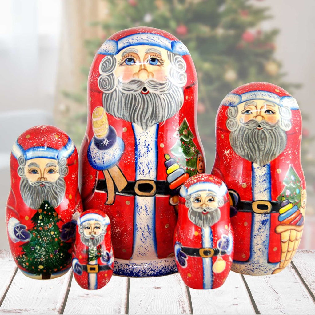 Bell Rink Santa Matreshka Nesting Hand-Painted Doll Set of 5 by G. DeBrekht - Christmas Santa Snowman Decor - 110082