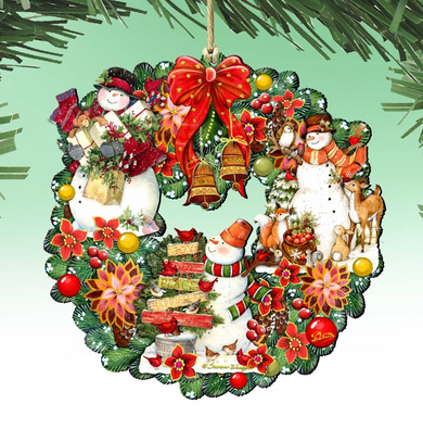 A wreath decorated with various Christmas ornaments, including a snowman, a bell, and other festive elements.