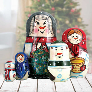 Happy Snowman Family Matreshka Nesting Hand-Painted Doll Set of 5 by G. DeBrekht - Christmas Decor - 110090