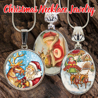 a collection of Christmas-themed necklaces, each featuring a unique design. The necklaces are suspended from chains and are arranged in a row, showcasing the variety of holiday-inspired jewelry available.