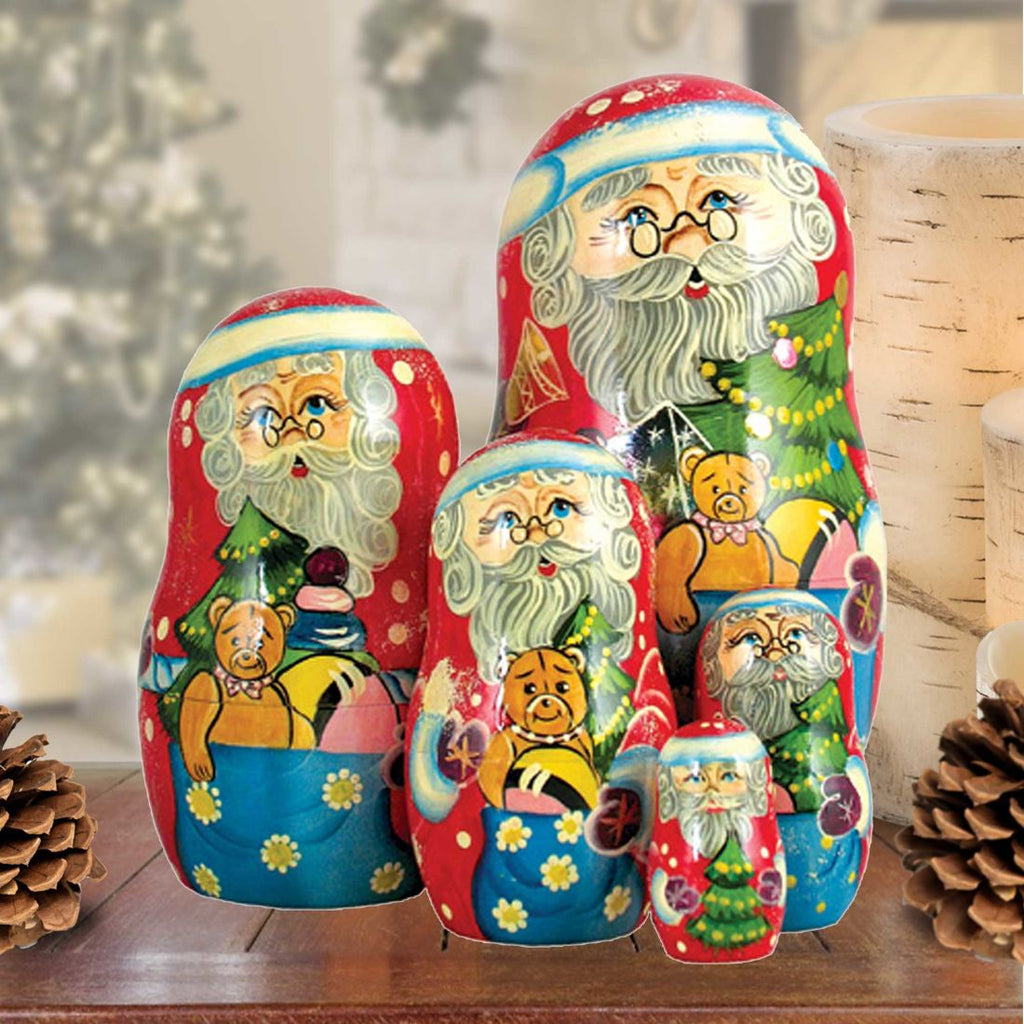 Santa Gift Bag Matreshka Nesting Hand-Painted Doll Set of 5 by G. DeBrekht - Christmas Santa Snowman Decor - 110081