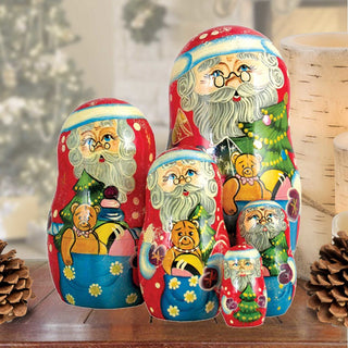 Santa Gift Bag Matreshka Nesting Hand-Painted Doll Set of 5 by G. DeBrekht - Christmas Santa Snowman Decor - 110081