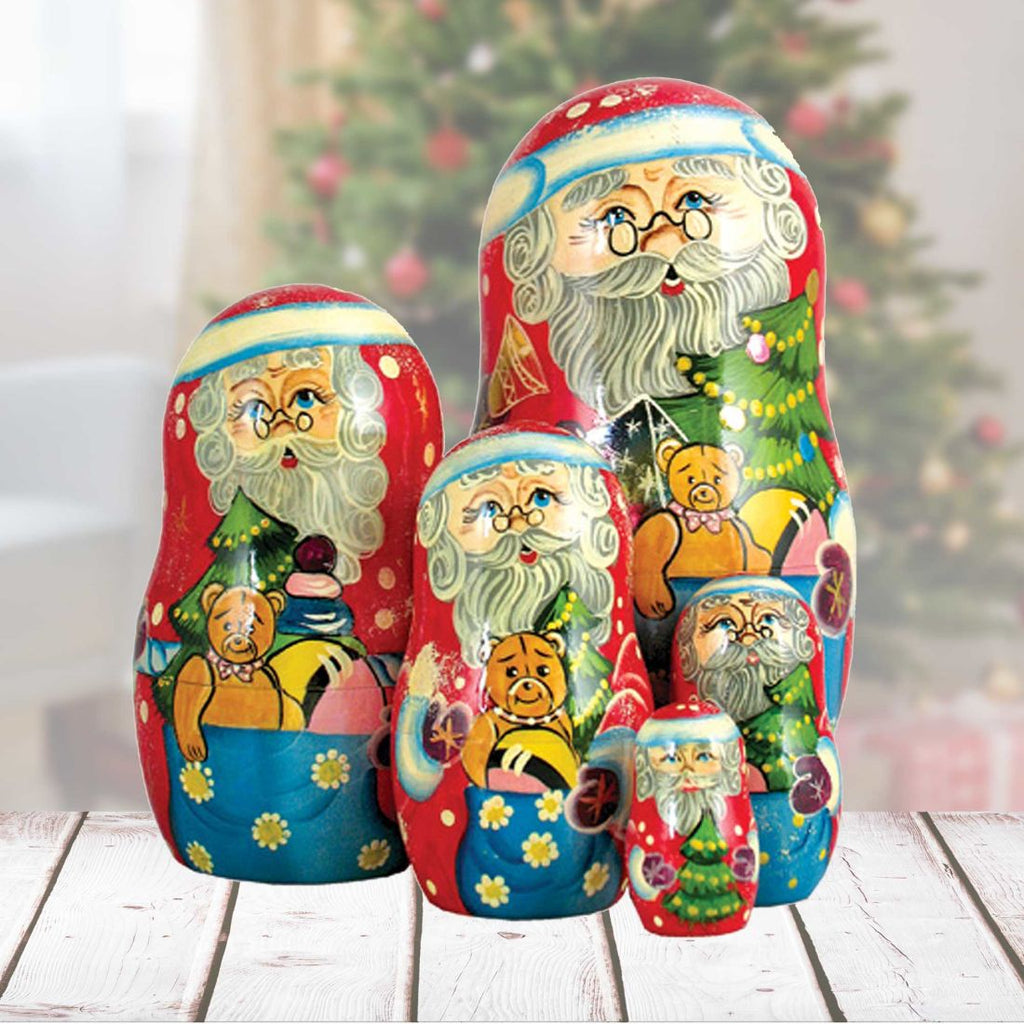 Santa Gift Bag Matreshka Nesting Hand-Painted Doll Set of 5 by G. DeBrekht - Christmas Santa Snowman Decor - 110081