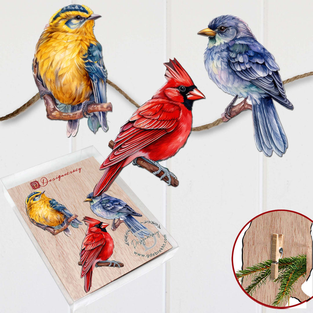 Winter Birds Clip-On Eco Wood Decorative Ornaments Set of 3 by G. Debrekht - Christmas Décor - 8091005C-S3