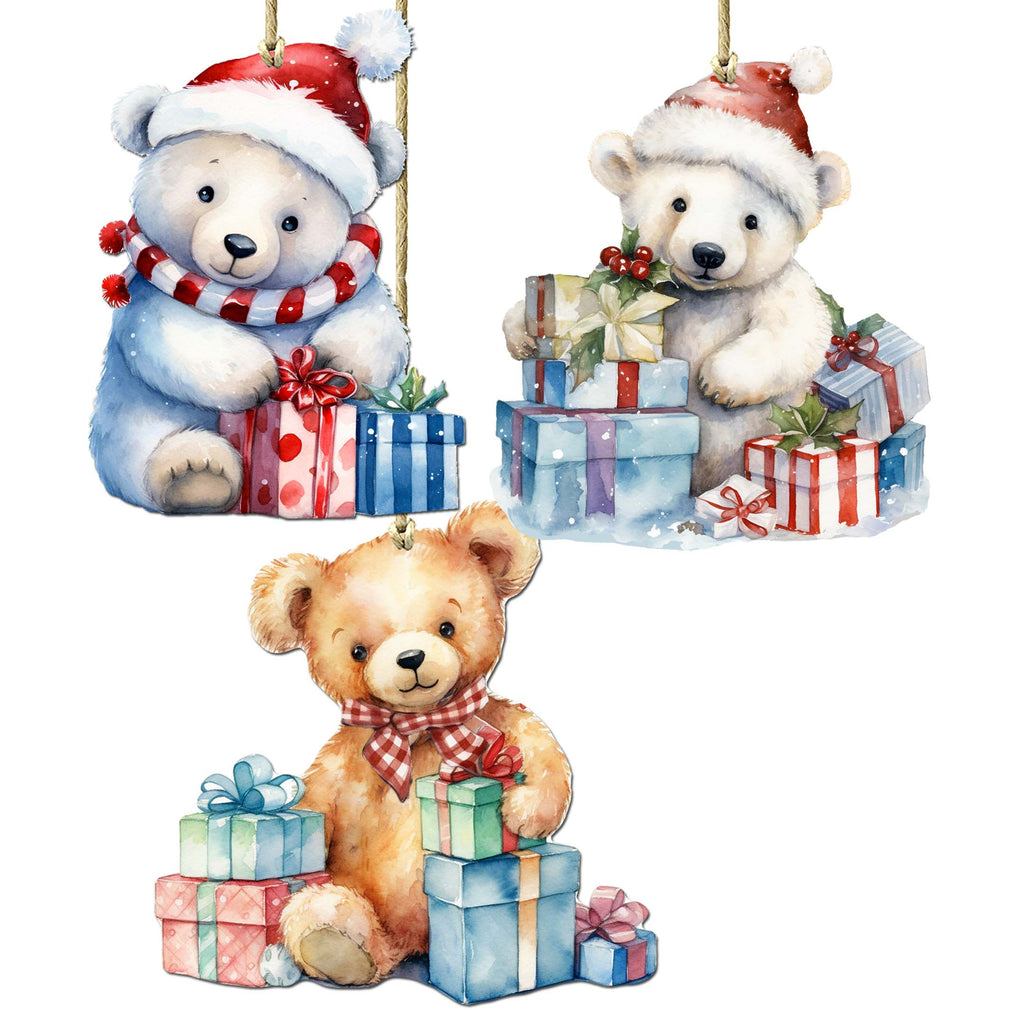 Christmas Teddy Bear Decorative Wooden Ornaments of 3 by G. Debrekht - Christmas Décor - 8091011-S3