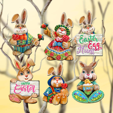 Easter Bunny Family Clip-On Eco Wood Decorative Ornaments Set of 6 by G. Debrekht - Easter Décor - 8090041C-S6