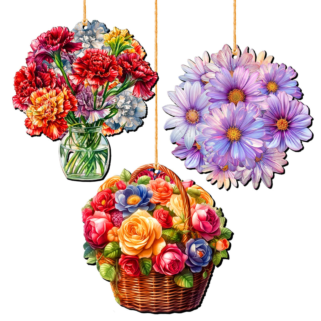 Flowers Decorative Eco Wood Ornaments Set of 3 by G. Debrekht - Love Family Décor - 8091076-1-S3
