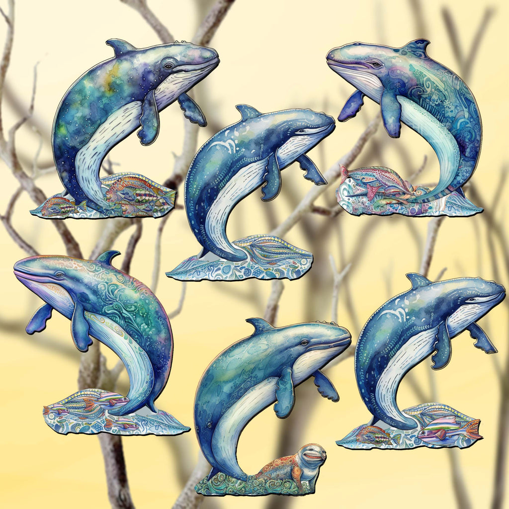 Whale's Melody Clip-On Eco Wood Decorative Ornaments Set of 6 by G. Debrekht - Wildlife Décor - 8090110C-S6