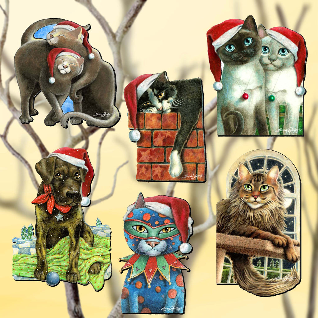 Dog and Cats Clip-On Eco Wood Decorative Ornaments Set of 6 by L. Seeley - Pets Dog and Cat Décor - 8090139C-S6