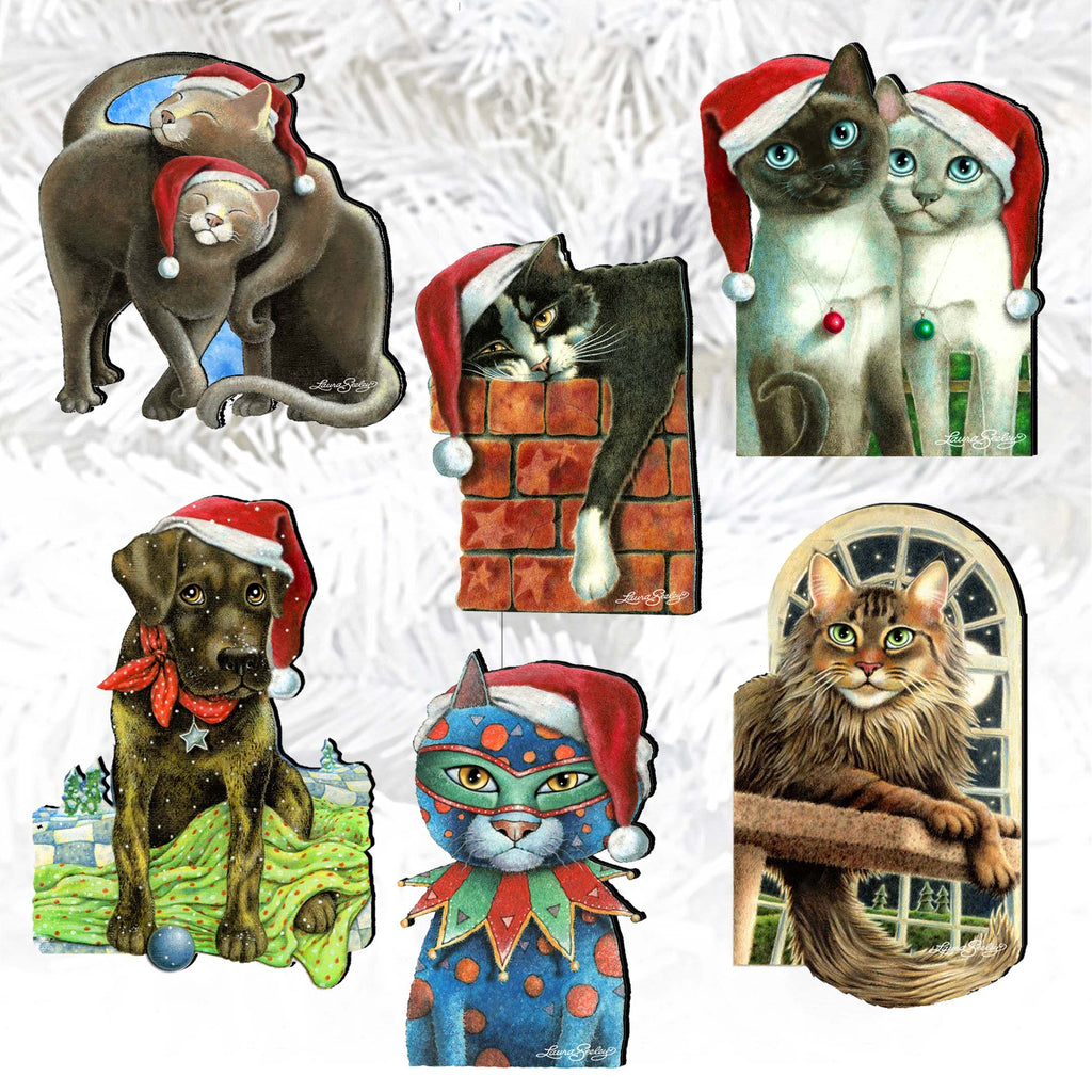 Dog and Cats Clip-On Eco Wood Decorative Ornaments Set of 6 by L. Seeley - Pets Dog and Cat Décor - 8090139C-S6