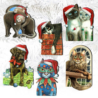 Dog and Cats Clip-On Eco Wood Decorative Ornaments Set of 6 by L. Seeley - Pets Dog and Cat Décor - 8090139C-S6
