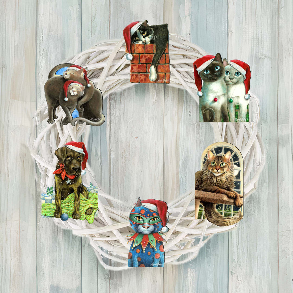 Dog and Cats Clip-On Eco Wood Decorative Ornaments Set of 6 by L. Seeley - Pets Dog and Cat Décor - 8090139C-S6