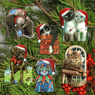 Dog and Cats Clip-On Eco Wood Decorative Ornaments Set of 6 by L. Seeley - Pets Dog and Cat Décor - 8090139C-S6