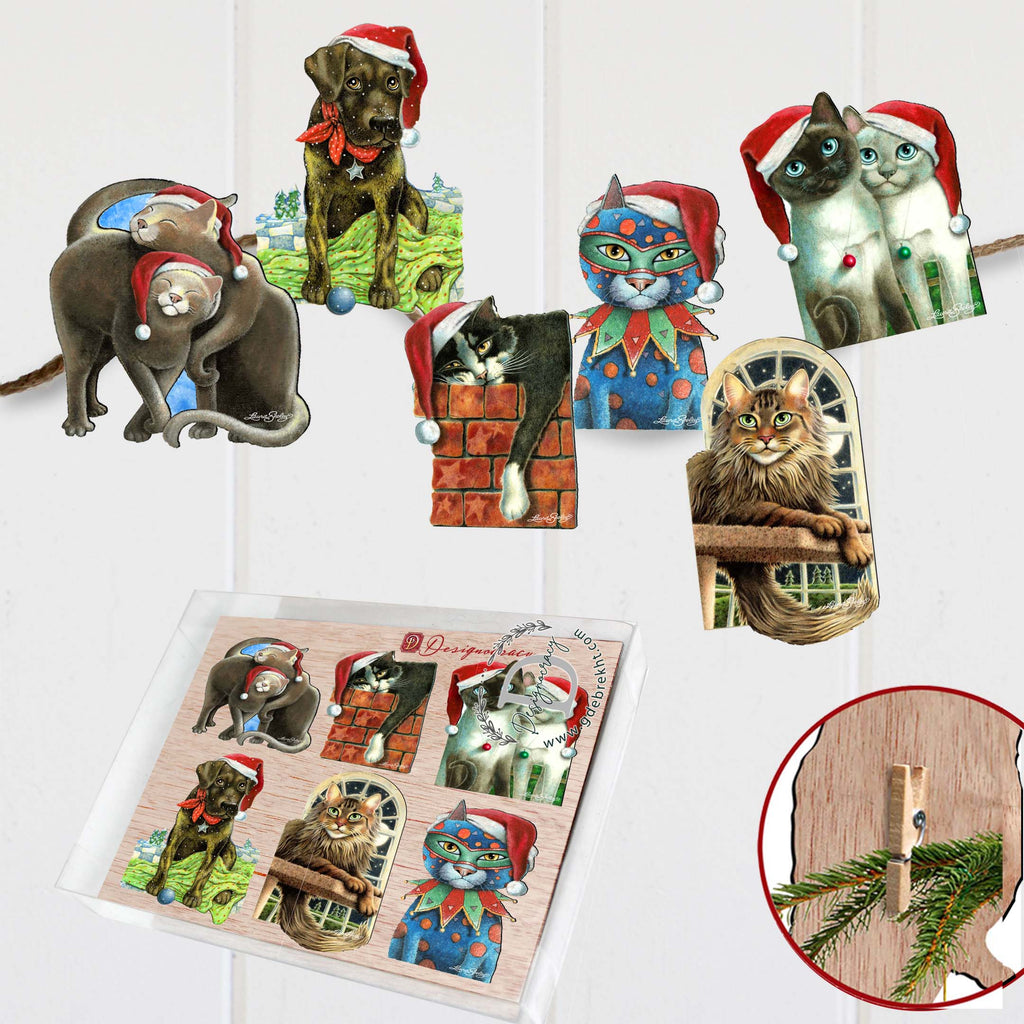 Dog and Cats Clip-On Eco Wood Decorative Ornaments Set of 6 by L. Seeley - Pets Dog and Cat Décor - 8090139C-S6