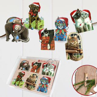 Dog and Cats Clip-On Eco Wood Decorative Ornaments Set of 6 by L. Seeley - Pets Dog and Cat Décor - 8090139C-S6