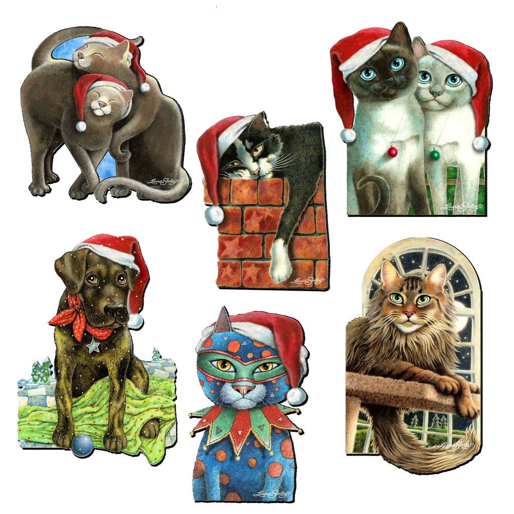 Dog and Cats Clip-On Eco Wood Decorative Ornaments Set of 6 by L. Seeley - Pets Dog and Cat Décor - 8090139C-S6