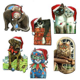 Dog and Cats Clip-On Eco Wood Decorative Ornaments Set of 6 by L. Seeley - Pets Dog and Cat Décor - 8090139C-S6