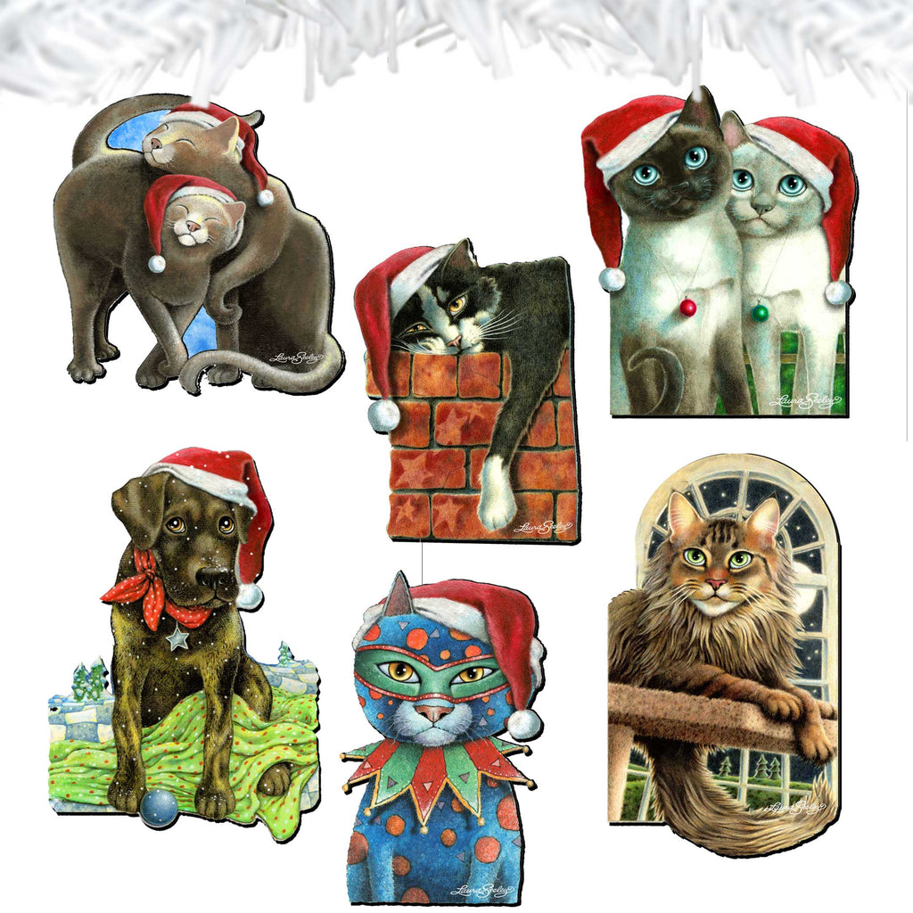 Dog and Cats Clip-On Eco Wood Decorative Ornaments Set of 6 by L. Seeley - Pets Dog and Cat Décor - 8090139C-S6