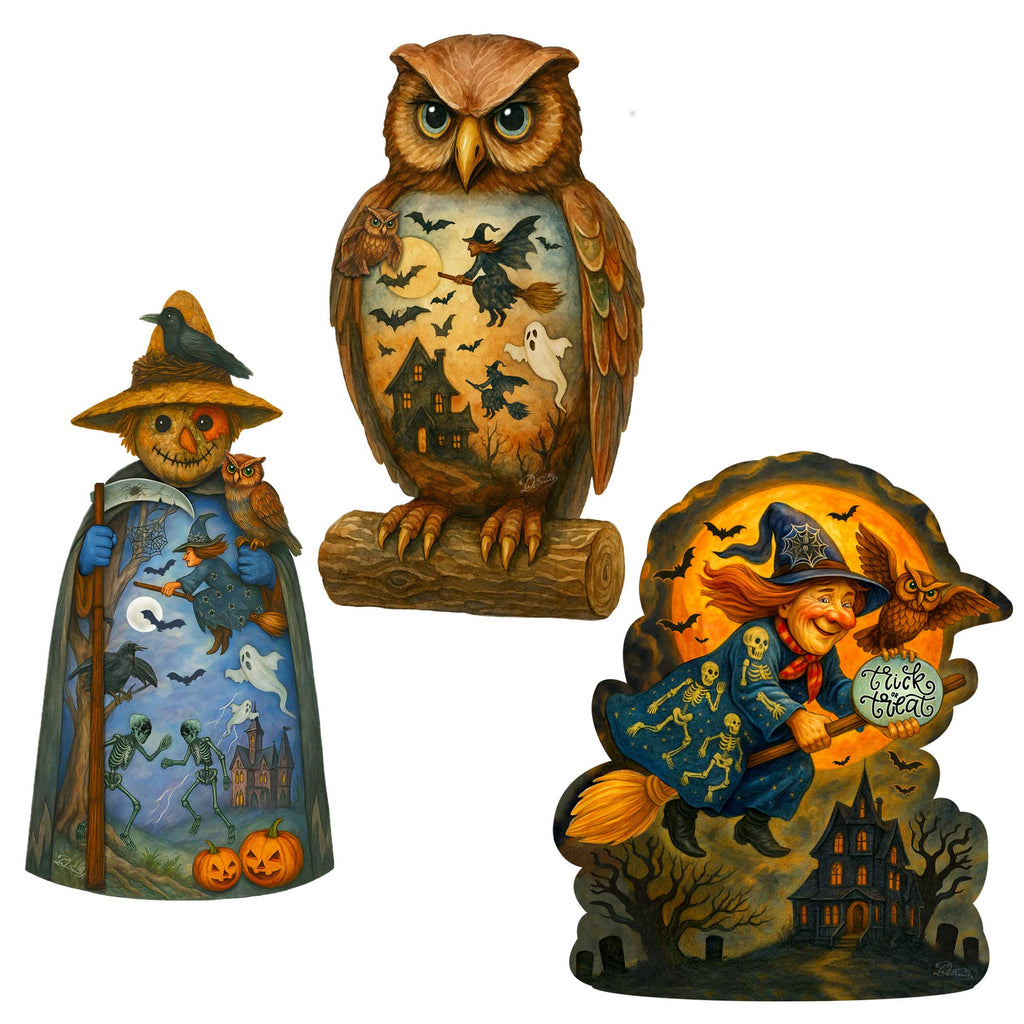 Halloween Clip-On Eco Wood Decorative Ornaments Set of 3 – Scarecrow, Owl & Witch – Handcrafted Décor by G. DeBrekht – 8091049C-S3