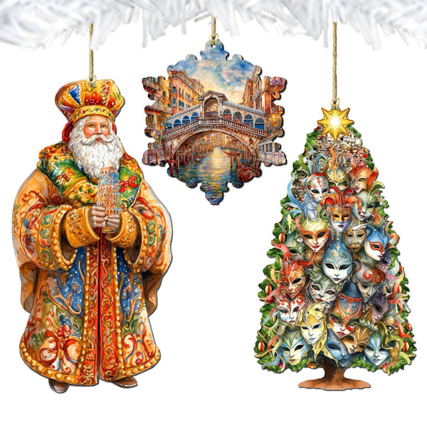 Designocracy 8091306S3 4.5 x 3 in. Santa Aroubf The World Irish Inspired Santa Wooden Ornaments, Set of 3