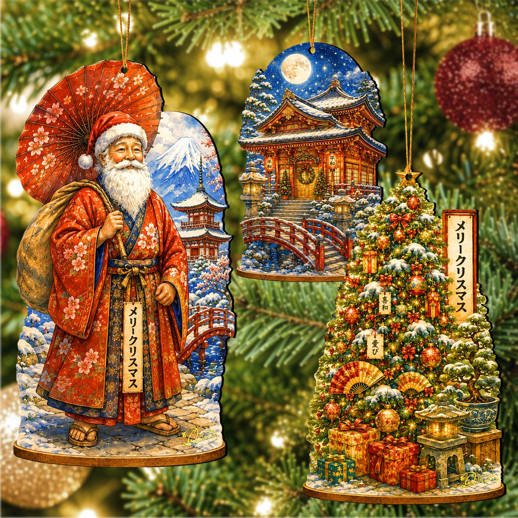 Japanese Christmas Wooden Ornament Set – Santa, Snowy Temple & Christmas Tree – Set of 3 – 8091327S3