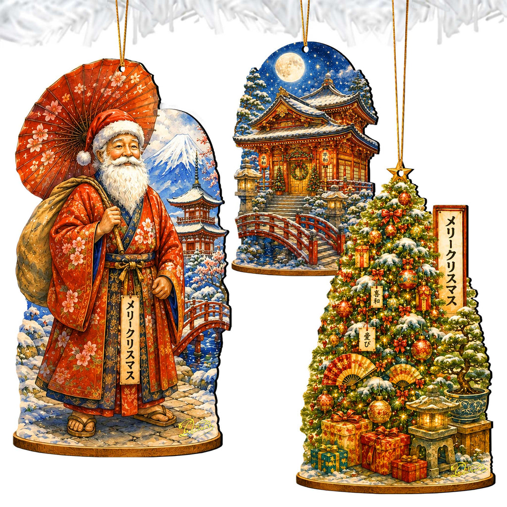 Japanese Christmas Wooden Ornament Set – Santa, Snowy Temple & Christmas Tree – Set of 3 – 8091327S3