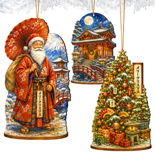 Japanese Christmas Wooden Ornament Set – Santa, Snowy Temple & Christmas Tree – Set of 3 – 8091327S3