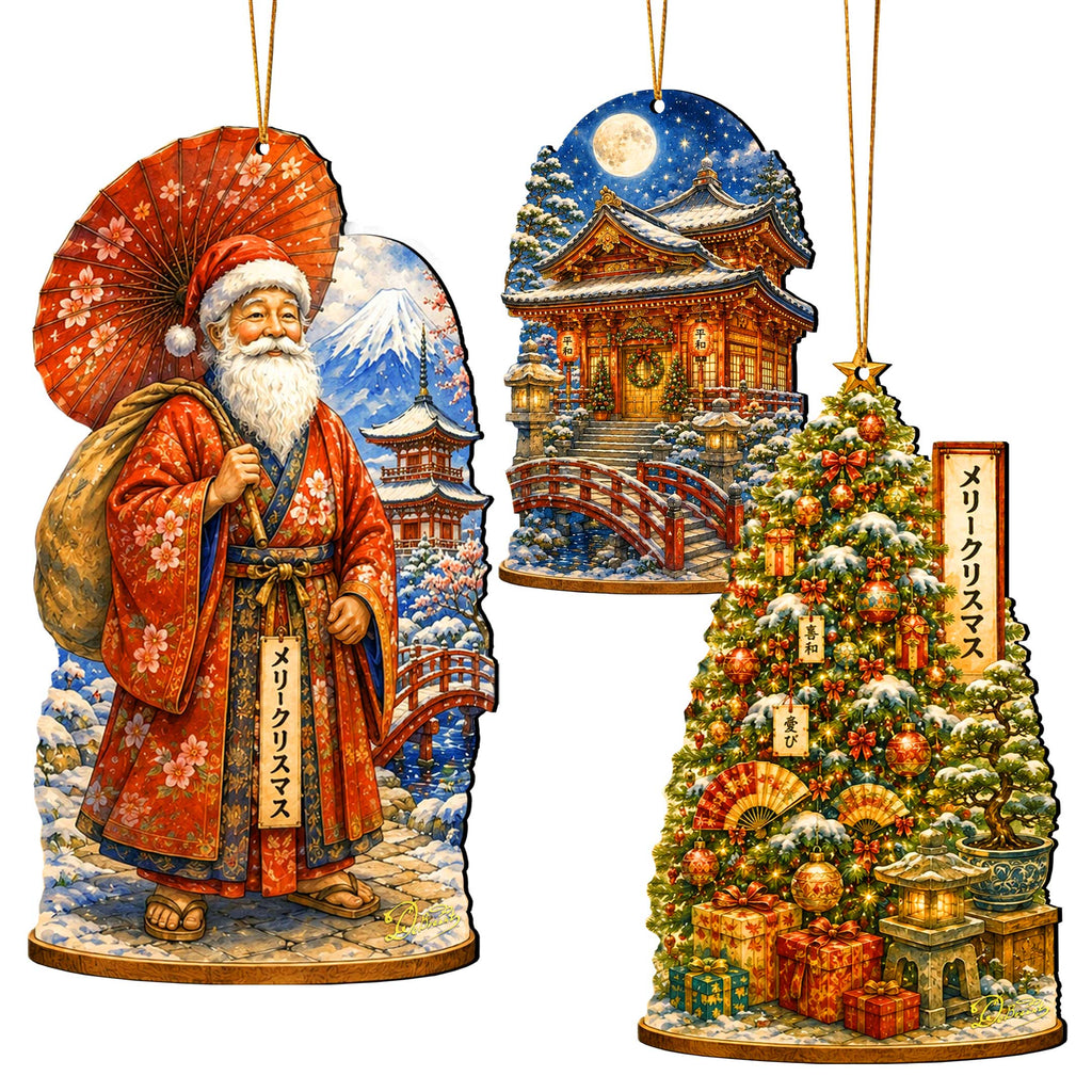 Japanese Christmas Wooden Ornament Set – Santa, Snowy Temple & Christmas Tree – Set of 3 – 8091327S3