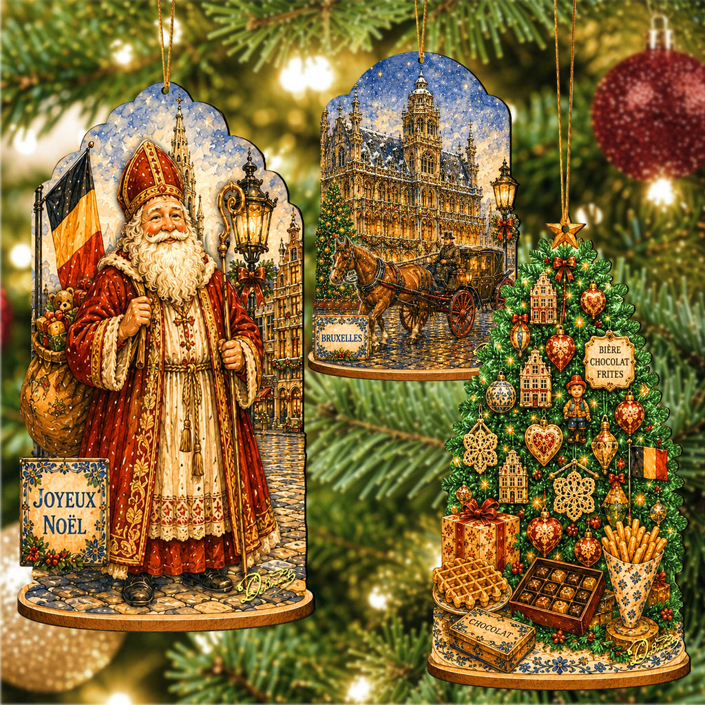 Belgian Christmas Wooden Ornament Set – St. Nicholas, Brussels & Christmas Tree – Set of 3 – 8091328S3