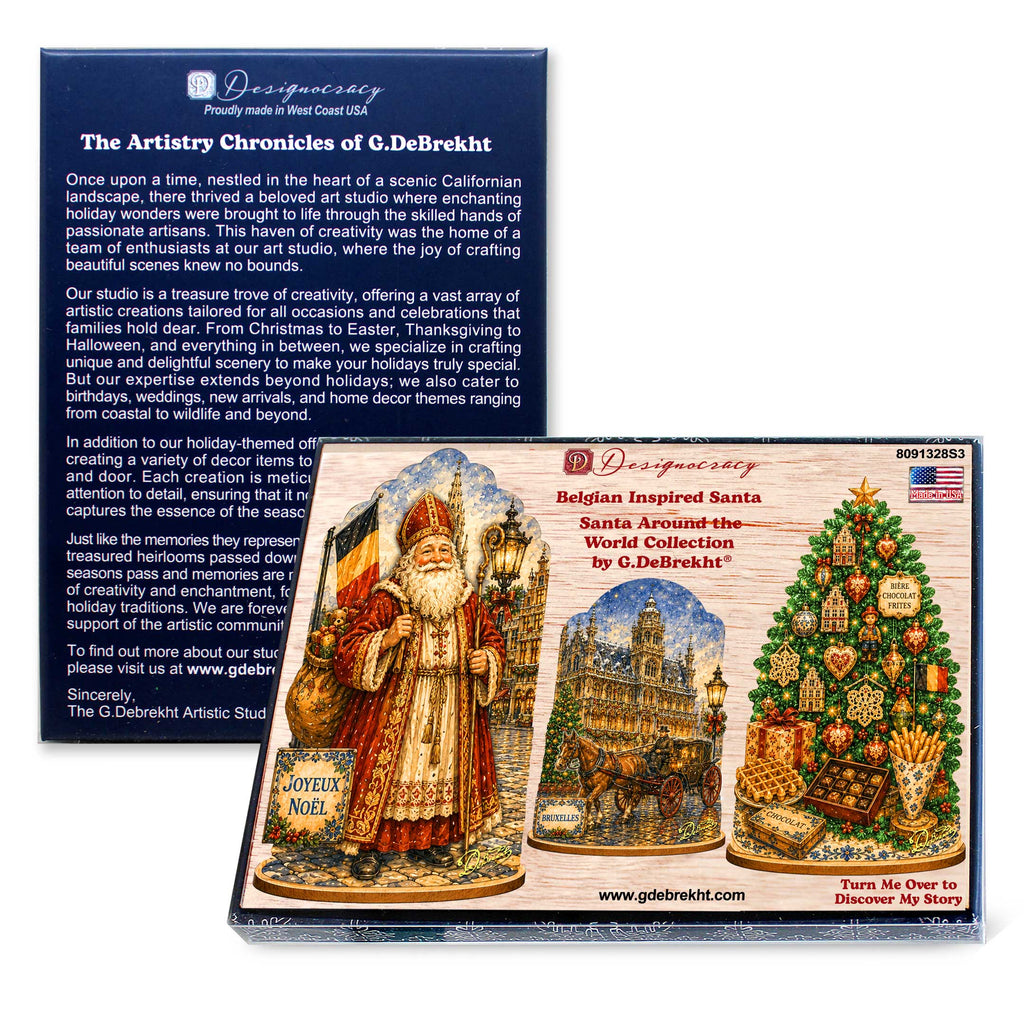 Belgian Christmas Wooden Ornament Set – St. Nicholas, Brussels & Christmas Tree – Set of 3 – 8091328S3
