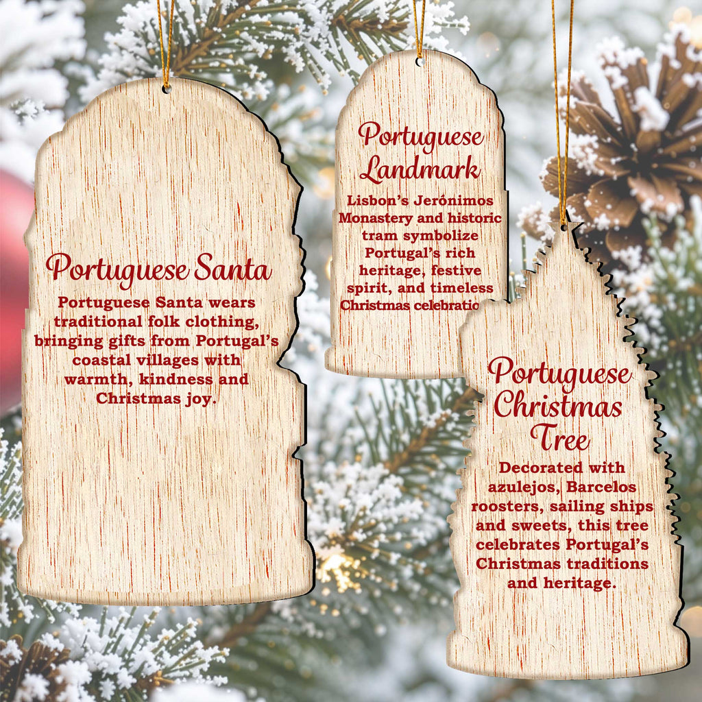 Portuguese Christmas Wooden Ornament Set – Santa, Lisbon & Christmas Tree – Set of 3 – 8091329S3
