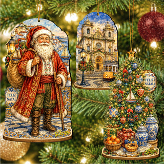 Portuguese Christmas Wooden Ornament Set – Santa, Lisbon & Christmas Tree – Set of 3 – 8091329S3