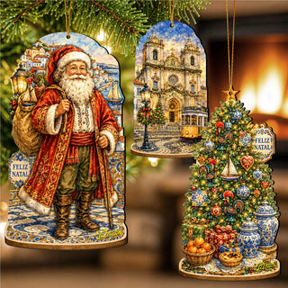 Portuguese Christmas Wooden Ornament Set – Santa, Lisbon & Christmas Tree – Set of 3 – 8091329S3