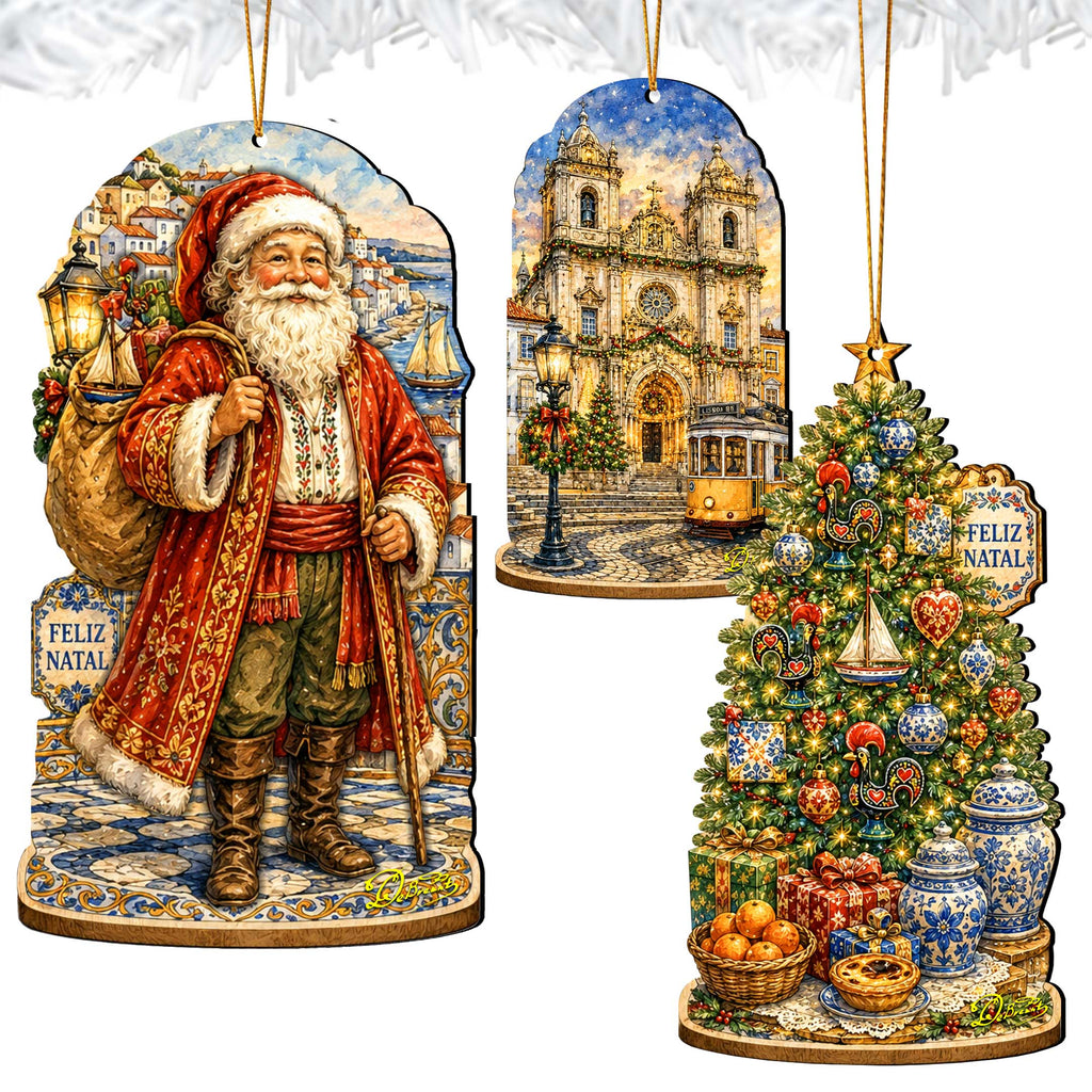 Portuguese Christmas Wooden Ornament Set – Santa, Lisbon & Christmas Tree – Set of 3 – 8091329S3