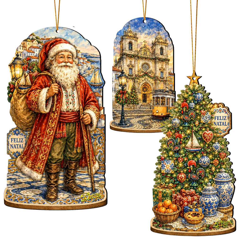 Portuguese Christmas Wooden Ornament Set – Santa, Lisbon & Christmas Tree – Set of 3 – 8091329S3
