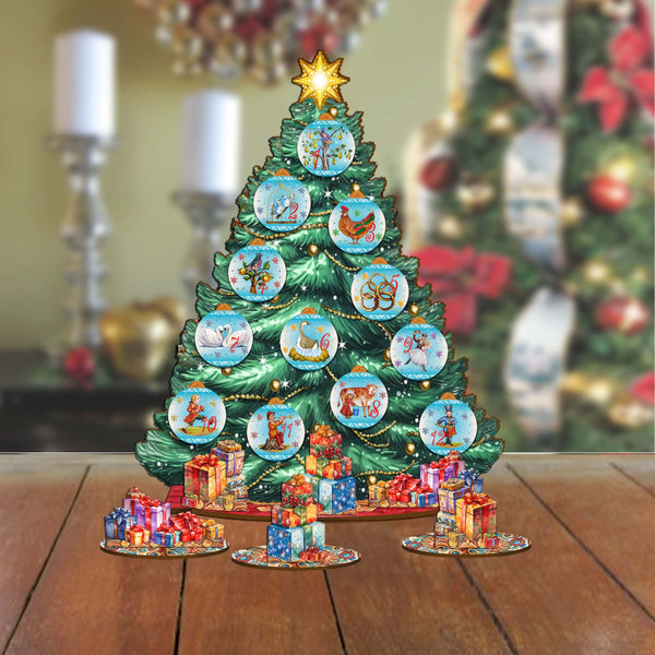 12 Days of Christmas Wooden Decorated Tabletop Tree Collectible Holiday  Decor Unique Art by G.debrekht 89303 