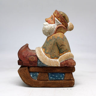 One-of-a-Kind Santa on Sleigh WOODCARVED Figurine 5.5x4x3