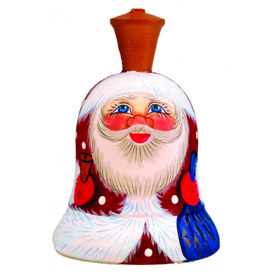 A ceramic bell with a painted Santa Claus face on it.