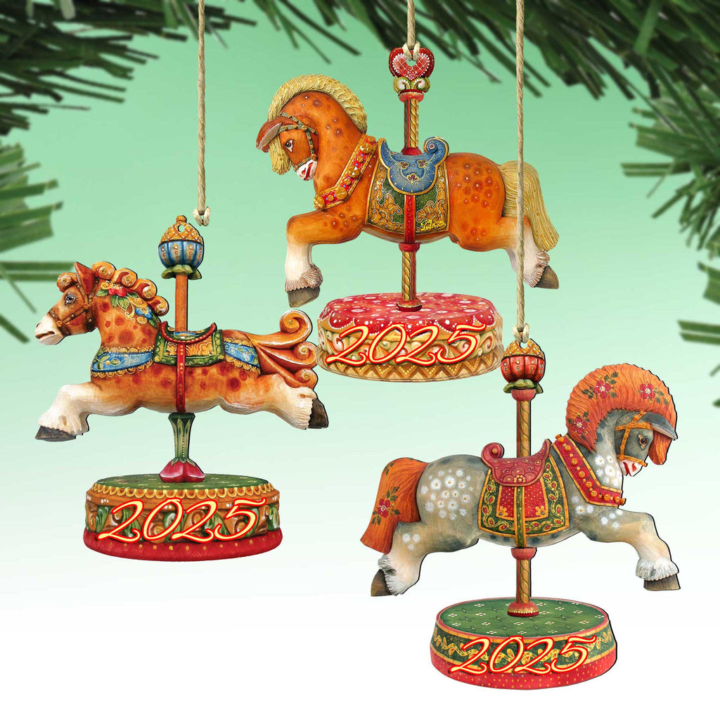 2025 Dated Wooden Carousel Ornaments Set of 3 by G. Debrekht - Christmas Decor - 8100087-S3-D25