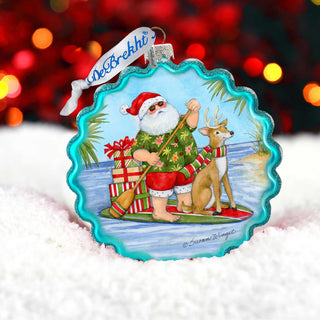 Christmas Decoration - Handblown Glass - Paddle Boarding Santa - Christmas Tree Ornament by Susan Winget - Handmade Gift - Wooden Ornament - 759-115-SW