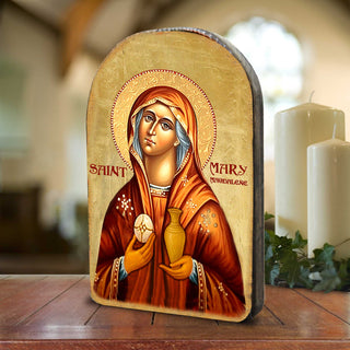 a religious icon of St. Mary of the Flower, with the text