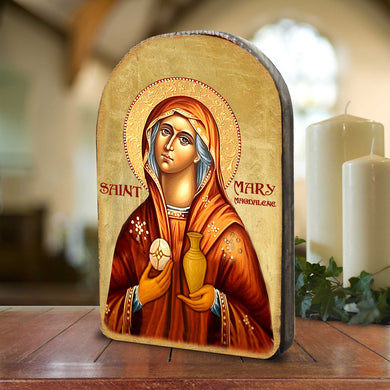 a religious icon of St. Mary of the Flower, with the text