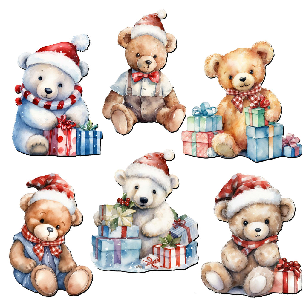a set of four watercolor christmas teddy bears