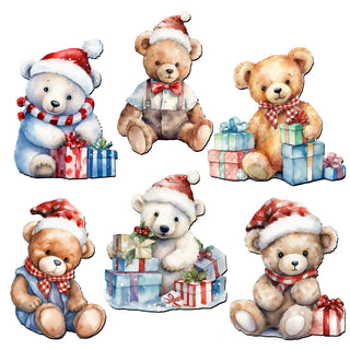 a set of four watercolor christmas teddy bears